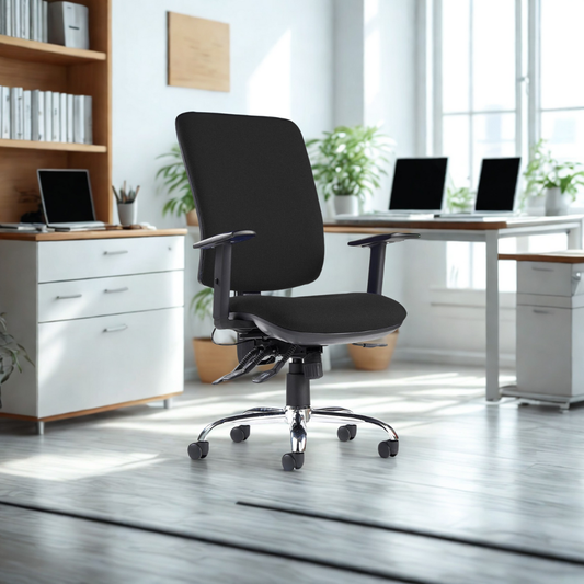 Black office chair in a modern office setting with desks and plants.
