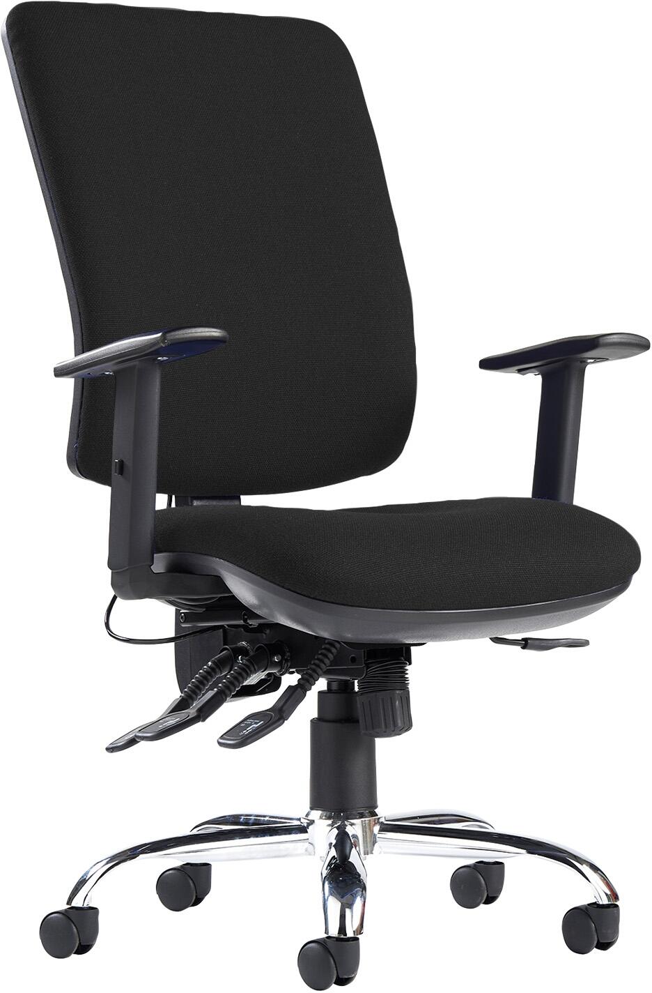 Black office chair with adjustable arms on a white background