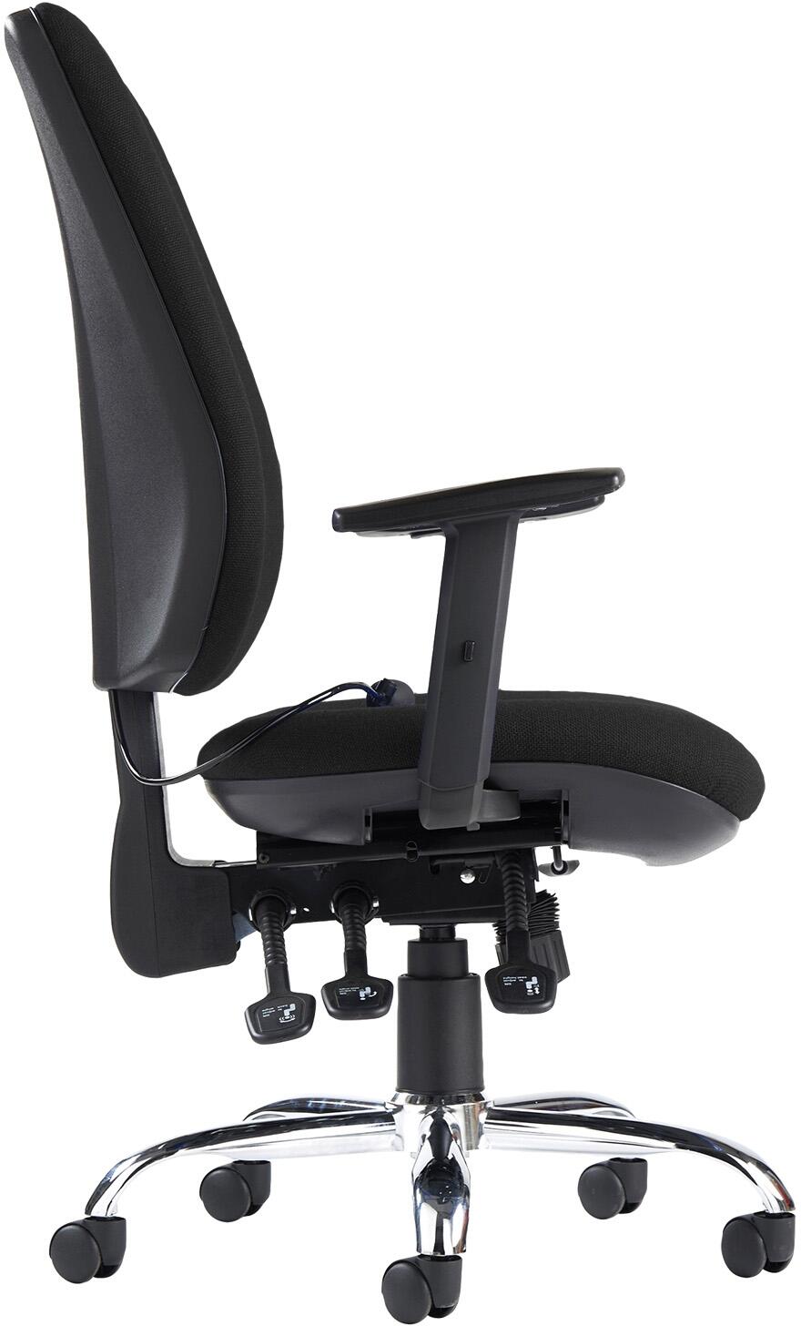 Black office chair with adjustable armrests on a white background