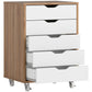Wooden dresser with white drawers on wheels against a white background