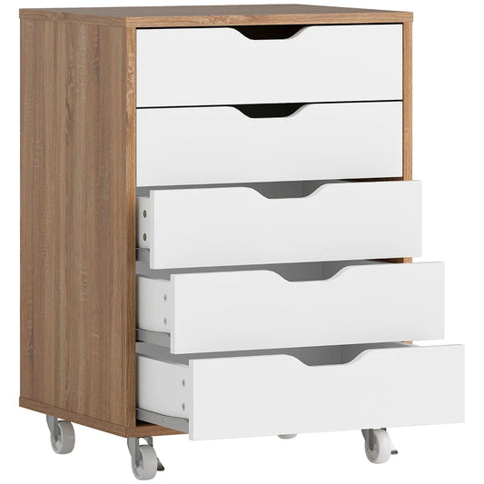 Wooden dresser with white drawers on wheels against a white background