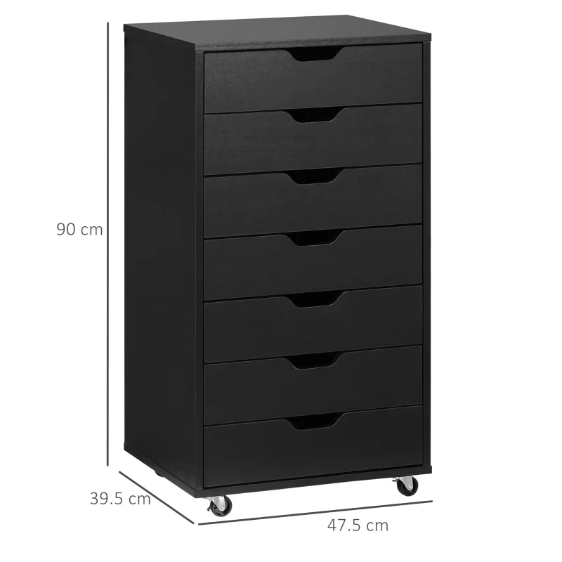 Black dresser with six drawers and dimensions on a white background