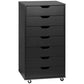 Black dresser with multiple drawers on wheels against a white background