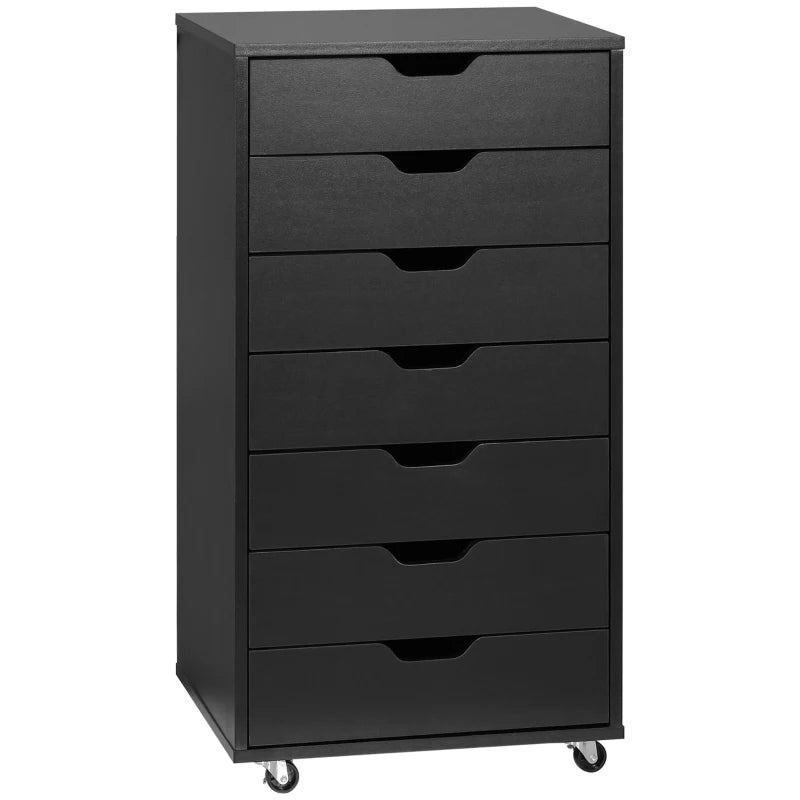 Black dresser with multiple drawers on wheels against a white background