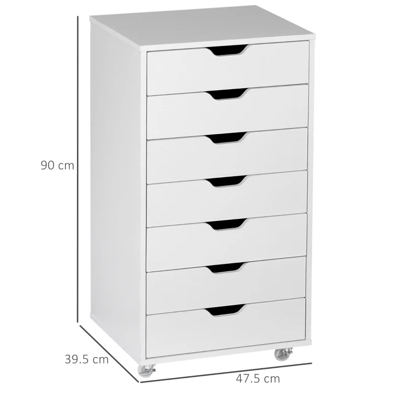 White dresser with six drawers and dimensions labeled on a white background
