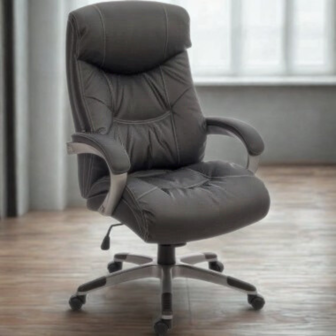 Gray office chair in a room with wooden floor and light-colored walls