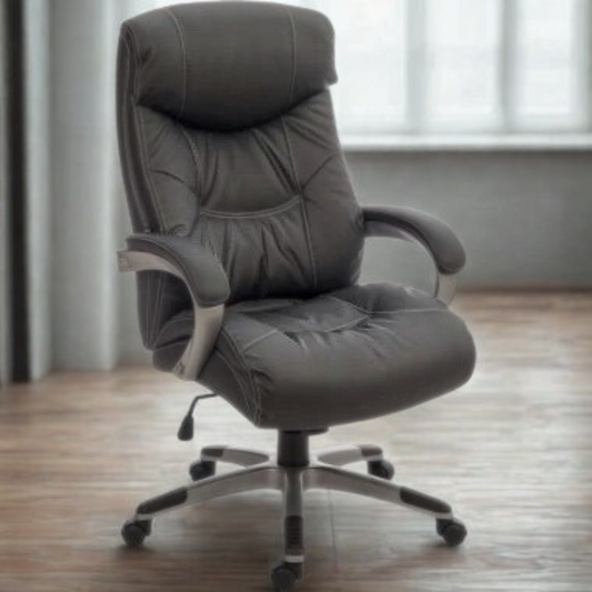 Gray office chair in a room with wooden floor and light-colored walls