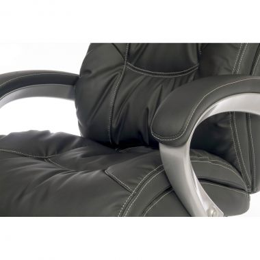 Close-up of a black office chair with armrests on a white background