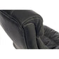 Close-up of a black leather chair with visible stitching on a white background