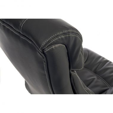 Close-up of a black leather chair with visible stitching on a white background
