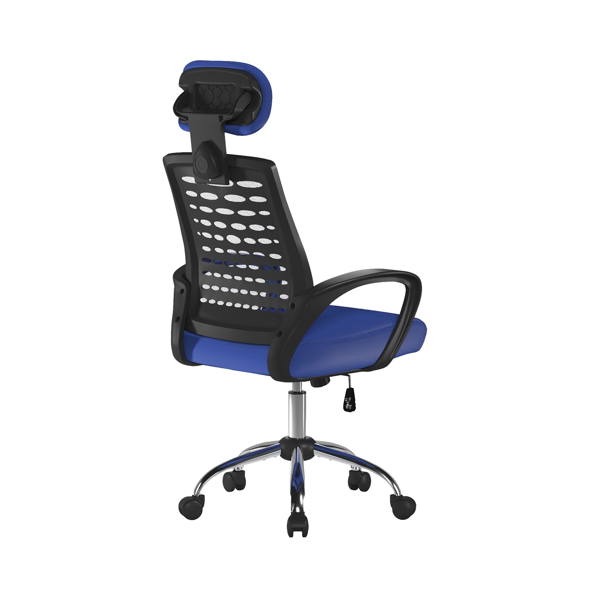 Blue and black office chair on a white background