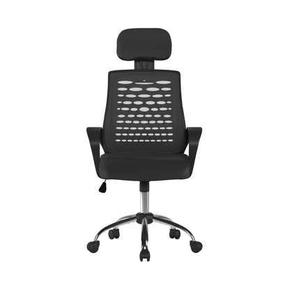 Black office chair with headrest on a white background