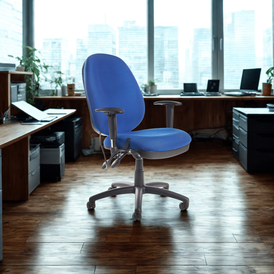 Blue office chair in a modern office setting with large windows.