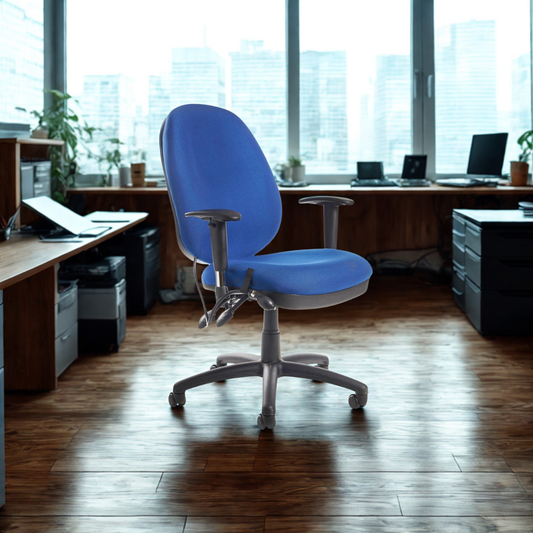 Blue office chair in a modern office setting with large windows.