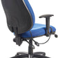 Blue office chair with black backrest and armrests on a white background