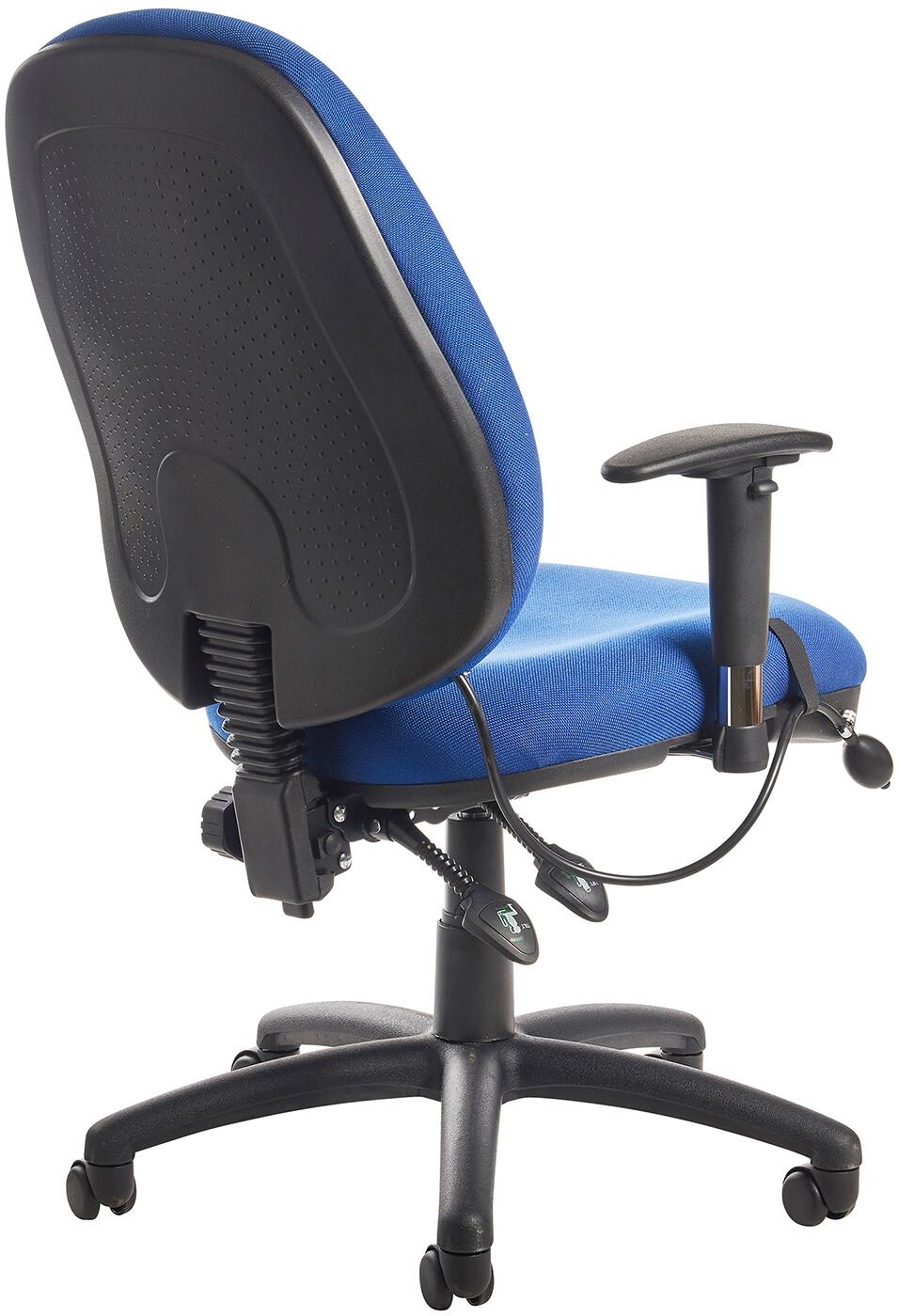 Blue office chair with black backrest and armrests on a white background