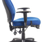 Blue office chair with black armrests and base on a white background