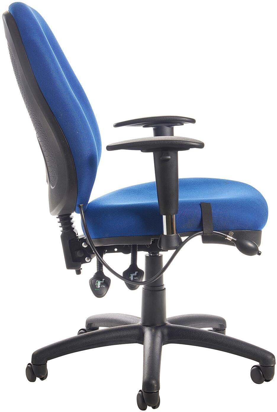 Blue office chair with black armrests and base on a white background