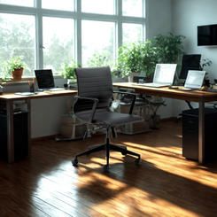 Modern office setup with desks, chairs, and computers in a bright room.