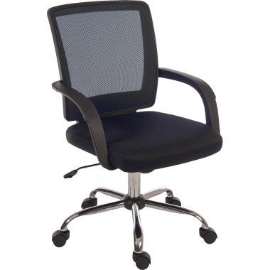 A black mesh office chair with a durable fabric seat, reclining function, and adjustable seat height. It includes armrests and a five-star base with caster wheels.