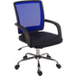 A blue mesh office chair with a durable fabric seat, reclining function, and adjustable seat height. It includes armrests and a five-star base with caster wheels.