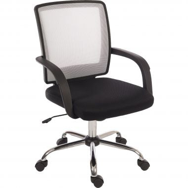 A white mesh office chair with a durable fabric seat, reclining function, and adjustable seat height. It includes armrests and a five-star base with caster wheels.