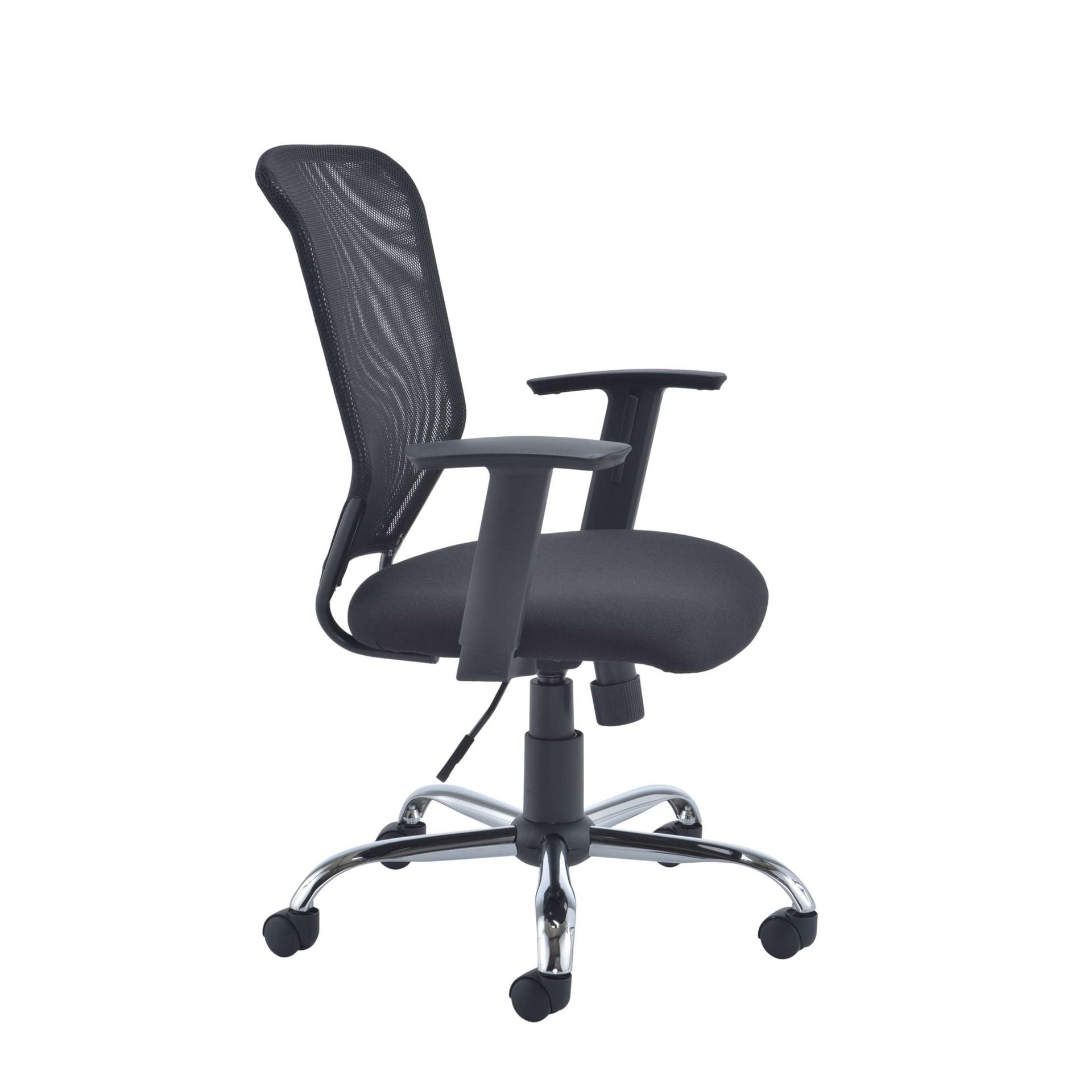 Black office chair with mesh backrest on a white background