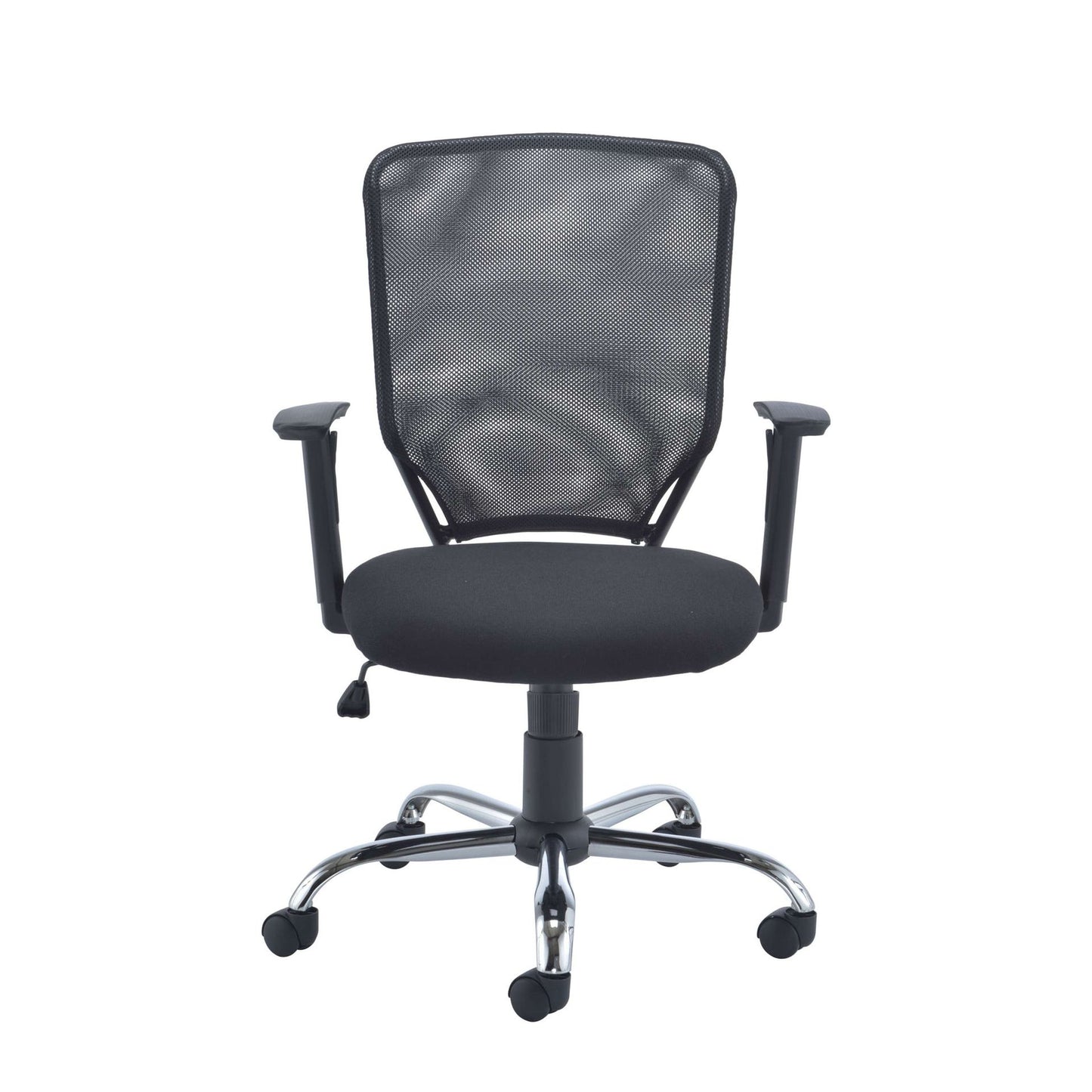 Black office chair with mesh backrest on a white background