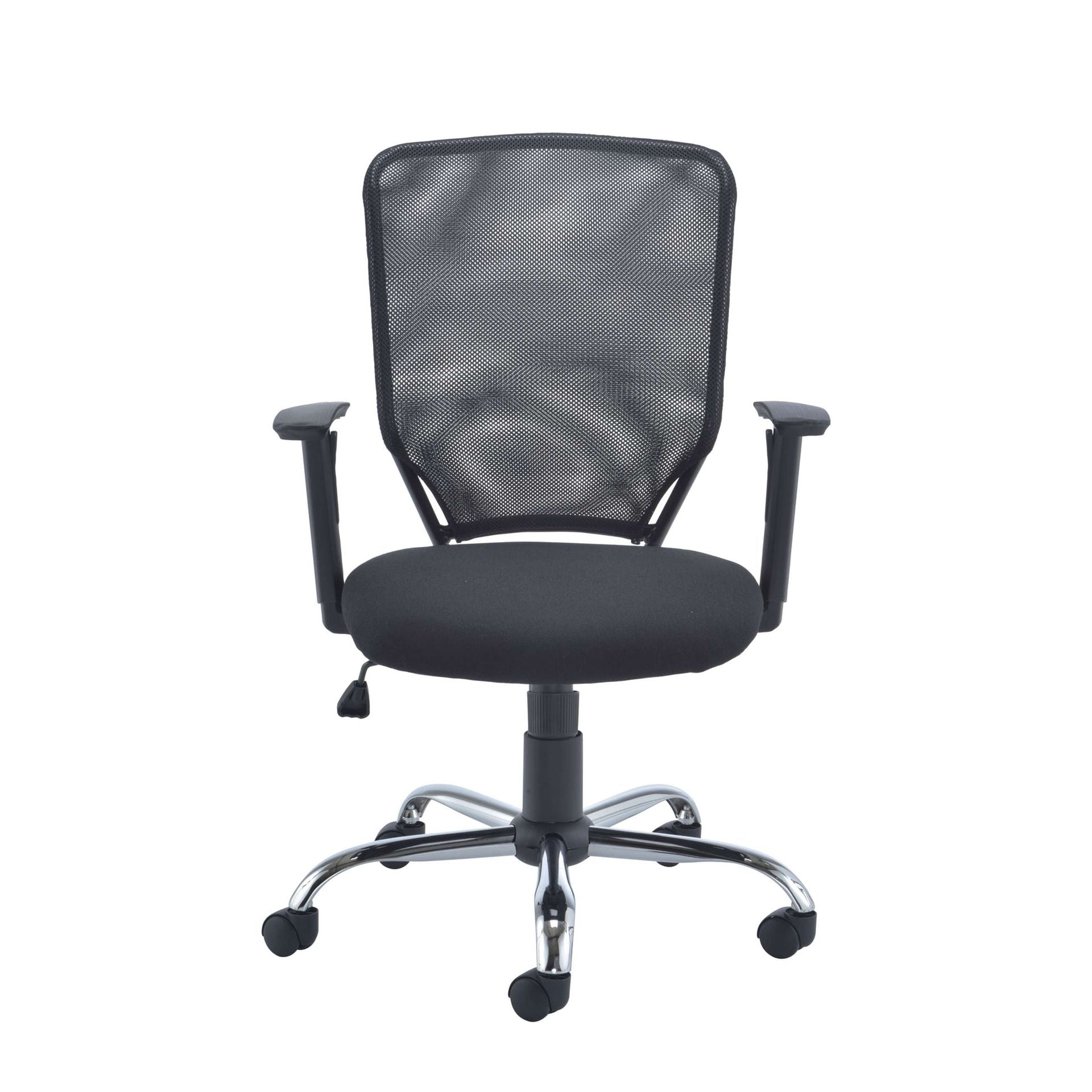 Black office chair with mesh backrest on a white background