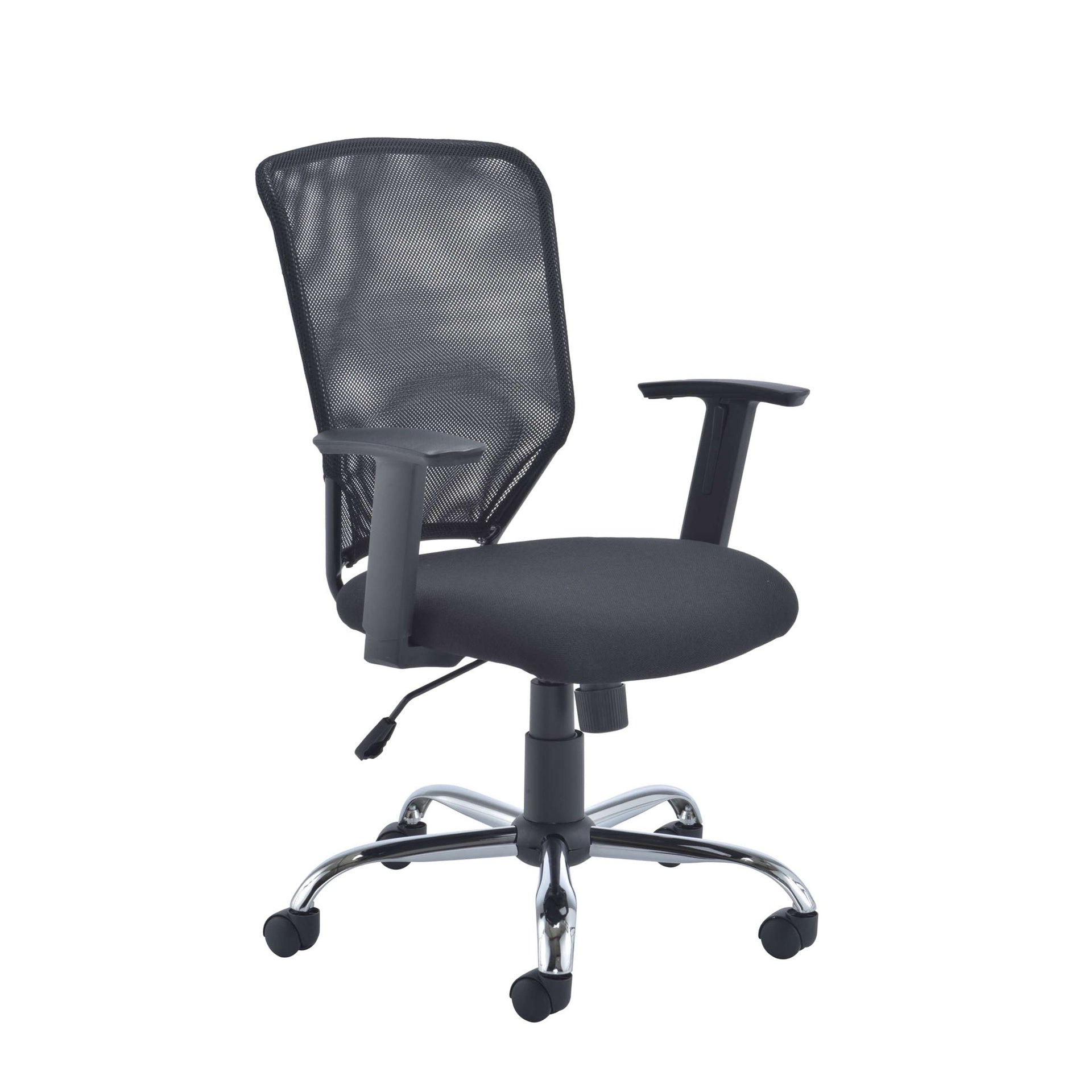 Black office chair with mesh back on a white background