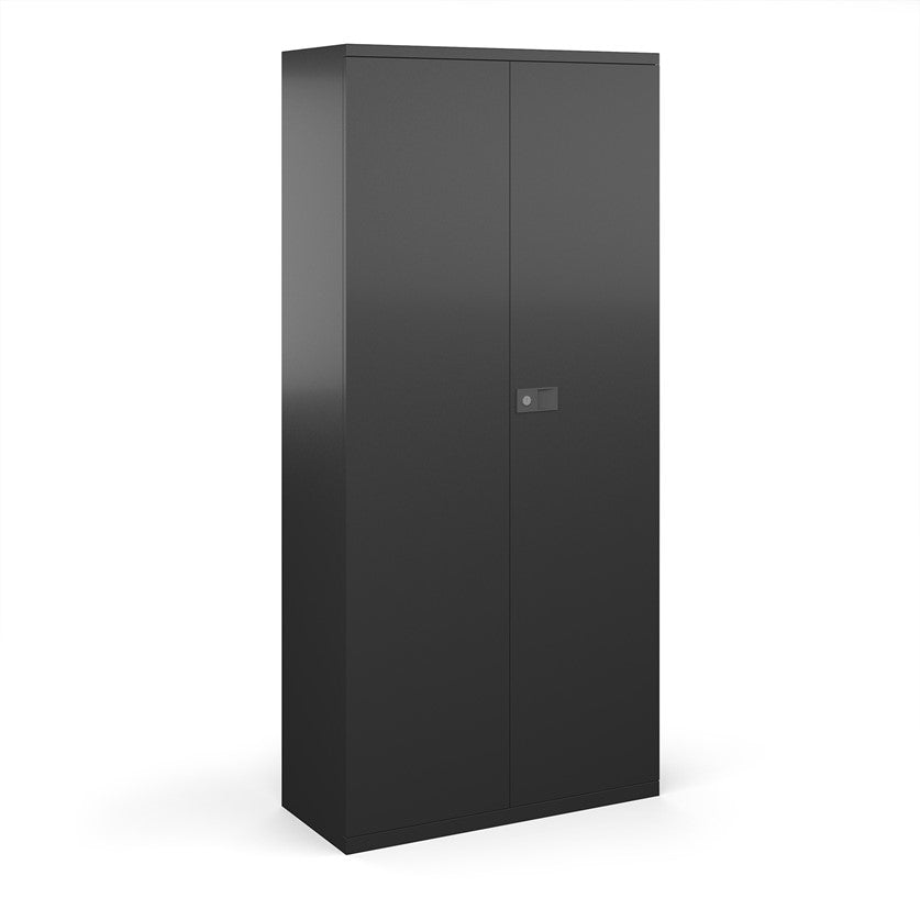 A black steel cupboard with fully lockable double doors and a three-point locking system. It has a flat top and the unit is depicted against a white background.