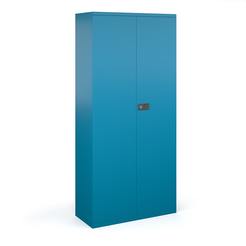 A blue steel cupboard with fully lockable double doors and a three-point locking system. It has a flat top and the unit is depicted against a white background.