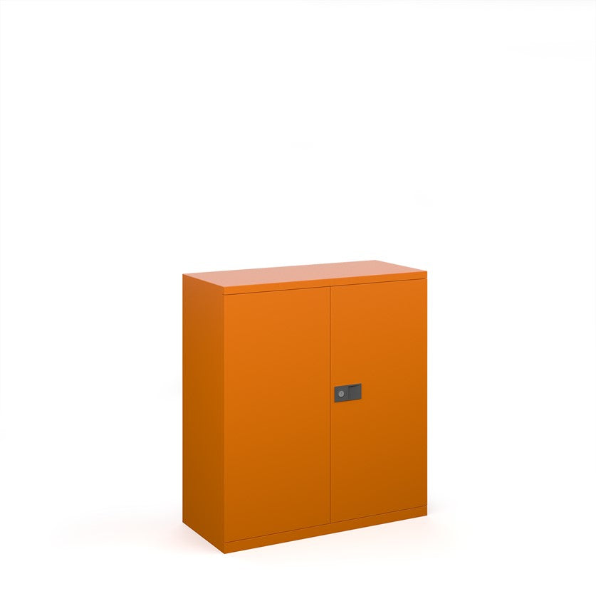 A orange steel cupboard with fully lockable double doors and a three-point locking system. It has a flat top and the unit is depicted against a white background.