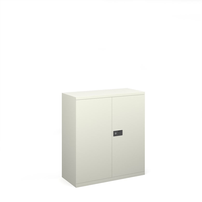 A white steel cupboard with fully lockable double doors and a three-point locking system. It has a flat top and the unit is depicted against a white background.