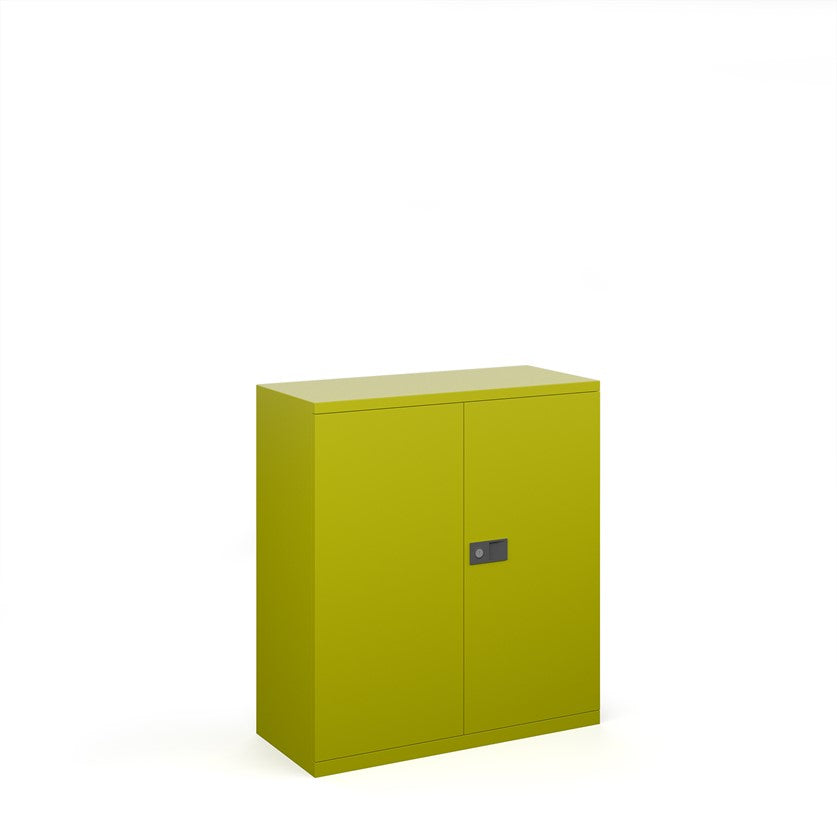 A yellow steel cupboard with fully lockable double doors and a three-point locking system. It has a flat top and the unit is depicted against a white background.