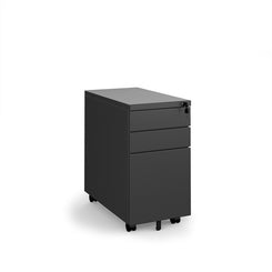 A narrow 3-drawer mobile steel pedestal in black color with lockable drawers and anti-tilt castors.