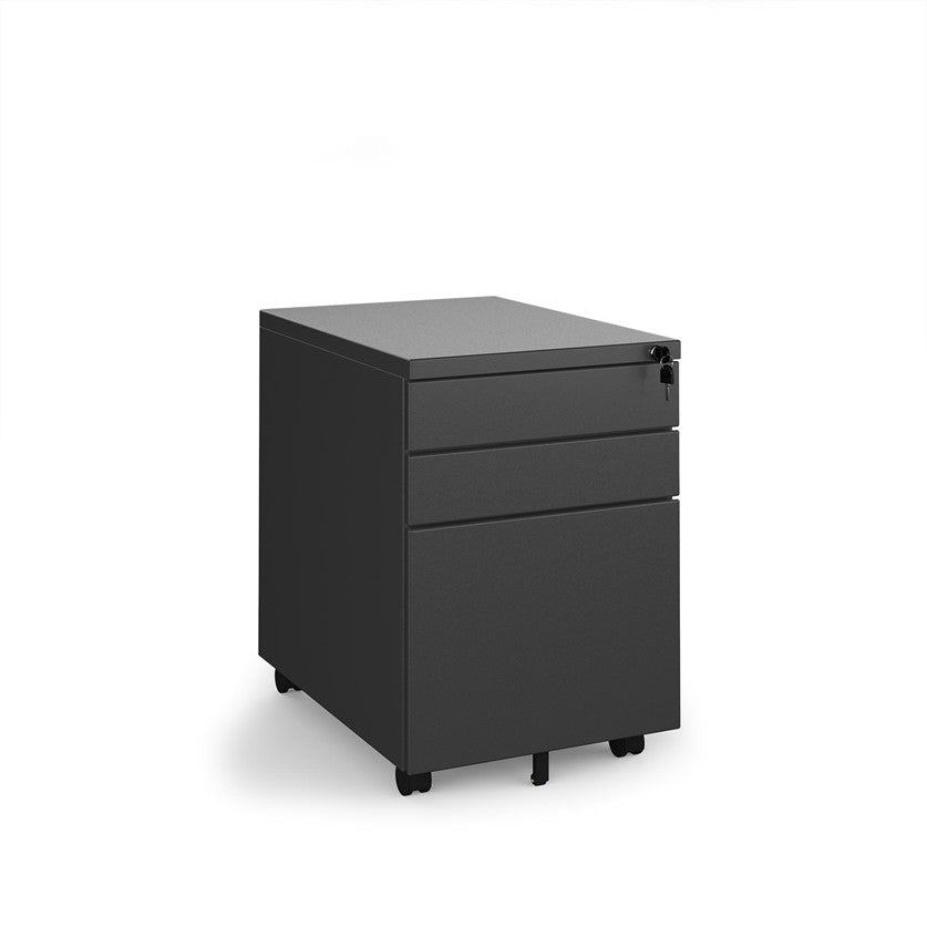 A black 3-drawer mobile steel pedestal with a lockable front drawer, mounted on castors.
