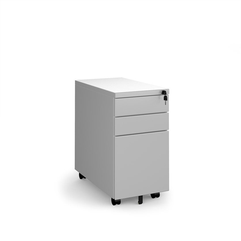 A narrow 3-drawer mobile steel pedestal in silver color with lockable drawers and anti-tilt castors.