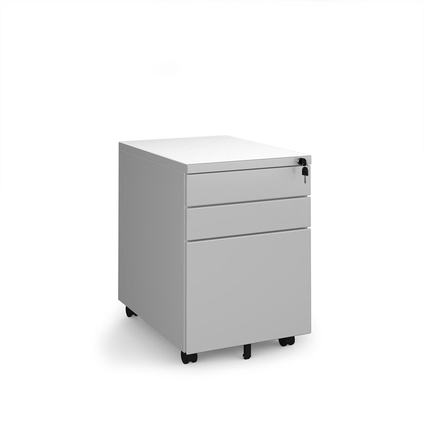 A silver 3-drawer mobile steel pedestal with a lockable front drawer, mounted on castors.