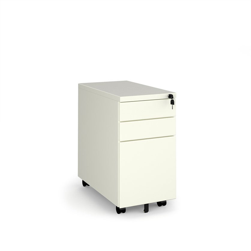 A narrow 3-drawer mobile steel pedestal in white color with lockable drawers and anti-tilt castors.