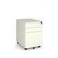 A white 3-drawer mobile steel pedestal with a lockable front drawer, mounted on castors.