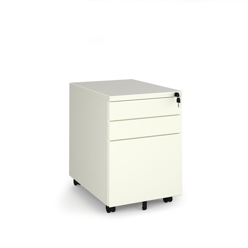A white 3-drawer mobile steel pedestal with a lockable front drawer, mounted on castors.