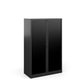 A black storage cabinet with tambour doors, fully assembled, with no visible shelves inside.