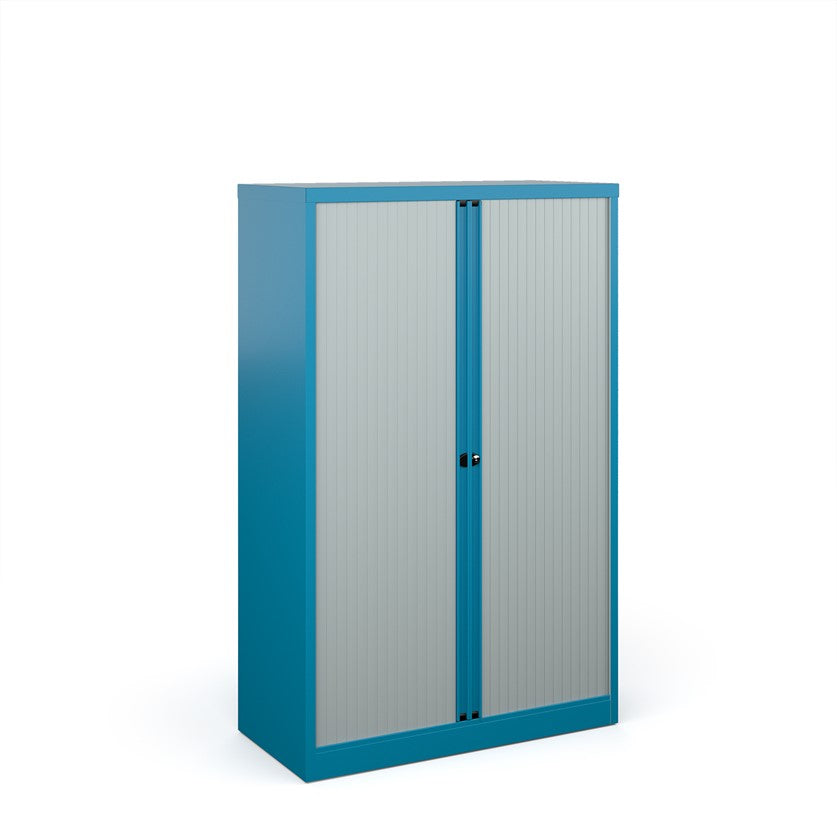 A blue storage cabinet with tambour doors, fully assembled, with no visible shelves inside.