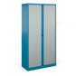 A tall blue cabinet with grey doors.