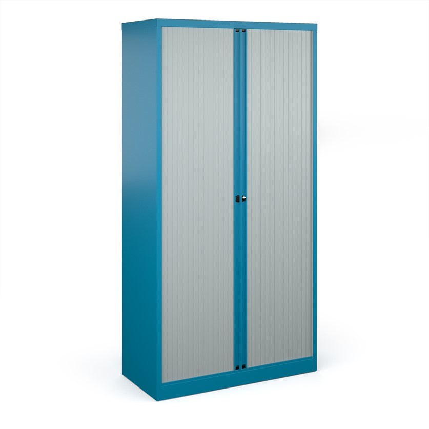A tall blue cabinet with grey doors.