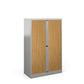 A tall grey and beech cabinet.