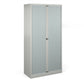 A tall grey cabinet with grey doors.