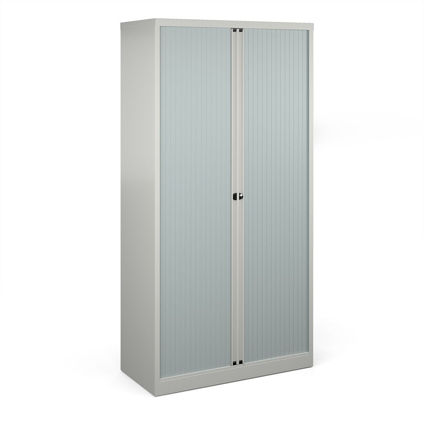 A tall grey cabinet with grey doors.