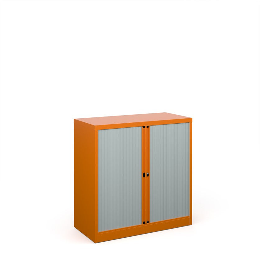 A orange storage cabinet with tambour doors, fully assembled, with no visible shelves inside.